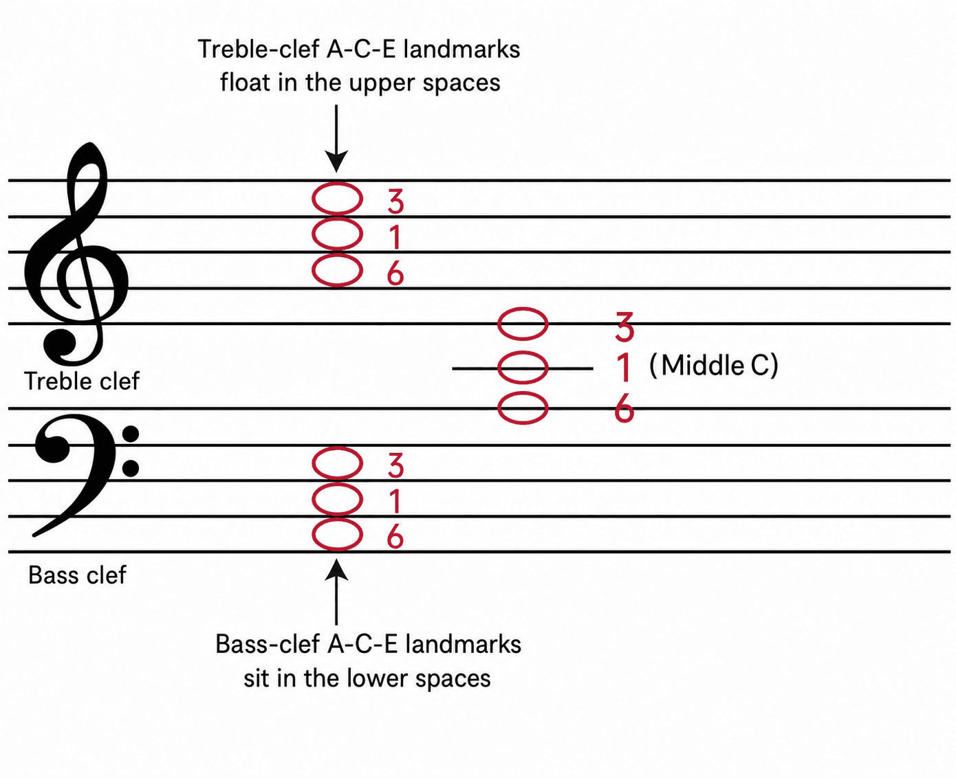 English diagram showing A, C, and E landmarks in the treble staff, around middle C, and in the bass staff